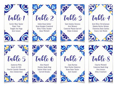 Mavi ve sarı fayanslar düğün masası kartları. Akdeniz gelin duşu dekoru. Masa numarası yazdırılabilir şablon koleksiyonu. İtalyan ya da Portekiz parti dekorasyonu. Vektör illüstrasyonu.