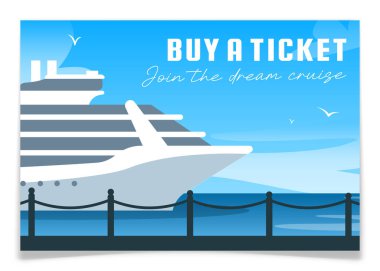 Mavi denizde turist yolcu gemisi posteri. Yaz tatili kartpostalları. Okyanus gemisinden bilet ayırtıyorum. Su taşımacılığı ile tatil yolculuğu. Büyük, beyaz bir gemi suyla hareket ediyor. Vektör illüstrasyonu.
