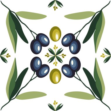 Akdeniz fayans tasarımı, siyah ve yeşil yapraklı zeytin dalları. Geleneksel İtalyan majolika seramik fayans süsü. Zeytin ağacı filizi ile kusursuz desen. Düz izole vektör illüstrasyonu