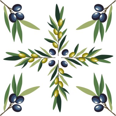 Akdeniz fayans tasarımı, siyah ve yeşil yapraklı zeytin dalları. Geleneksel İtalyan majolika seramik fayans süsü. Zeytin ağacı filizi ile kusursuz desen. Düz izole vektör illüstrasyonu