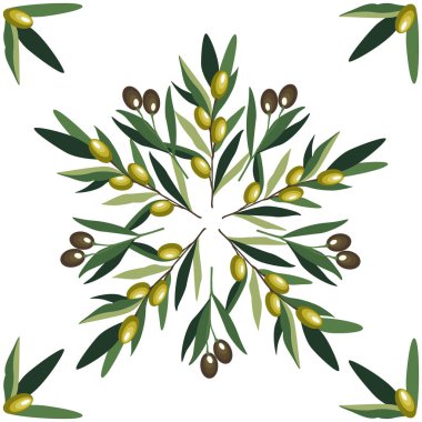 Akdeniz fayans tasarımı, siyah ve yeşil yapraklı zeytin dalları. Geleneksel İtalyan majolika seramik fayans süsü. Zeytin ağacı filizi ile kusursuz desen. Düz izole vektör illüstrasyonu