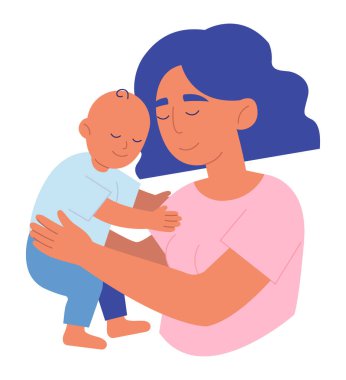 Anne sahnesi yeni doğan oğlunu kucaklıyor. Kadın, mavi kundaklı bebeğe sarılıyor. Ebeveyn çocuğuna sarılır. Bebekle anneliğin sevgi dolu anı. El çizimi çizgi film karakterleri. Düz vektör illüstrasyonu.