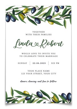 Zeytin dallı zarif düğün davetiyesi şablonu. Evlilik kutlaması içinde zeytin dalları ve yapraklar olan bir kartpostal gönder. İtalyan yeşiliyle nişan kırtasiyesi. Vektör illüstrasyonu.