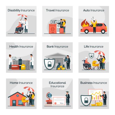 Sigorta hizmetleri sahneleri koleksiyonu. Güvenlik ve malın ve hayatın hasardan korunması fikri. Seyahat, sağlık, eğitim, para, ev ve iş güvenliği. İzole vektör illüstrasyonu.