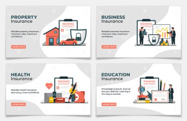 Sigorta iniş sayfası şablonu koleksiyonu. Mülk, iş, sağlık, eğitim sigortası internet afişi. Mülk ve canların zarar görmemesi ve korunması. Düz vektör illüstrasyonu