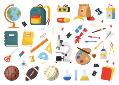 Okul malzemeleri, sırt çantası, küre, spor topu, palet, mikroskop, kalem kutusu, test tüpleri, defter, cetvel, makas, ataç ve raptiyeler. Okul konseptine geri dönelim. Vektör illüstrasyonu