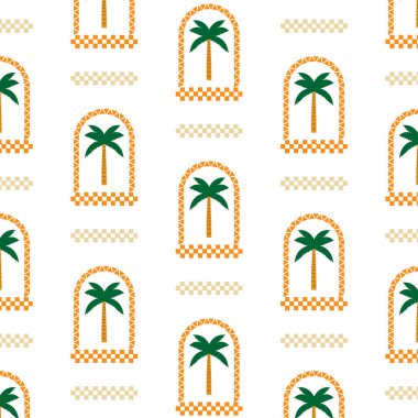 Mozaik çerçevede palmiye ağaçları olan pürüzsüz bir örnek. Orman bitkileriyle tropik yaz süsleri. Geleneksel geometrik yama tarzında klasik egzotik arka plan. Düz vektör illüstrasyonu