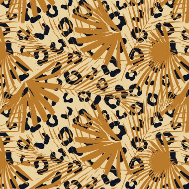 Leopar deseninde palmiye yaprakları olan modaya uymayan egzotik desenler. Yırtıcı hayvan süsü ve tropikal bitkilerin siluetleri. Kağıt, duvar kağıdı, kumaş için modern soyut tasarım. Vektör illüstrasyonu