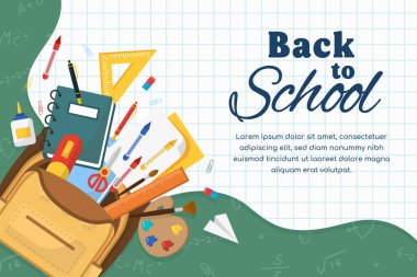 Okulun tanıtım afişine geri dönelim. Yeşil karatahta ve grafik kağıdı arka planı. Okul malzemeleriyle dolu renkli bir sırt çantası. Üzerinde harfler olan internet reklam afişi. Düz vektör illüstrasyonu