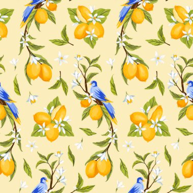 Limon dalları ve mavi kuşlu çiçek desenli. Tropikal kuş, çiçekli narenciye çiçeği ve yeşil yapraklı. Botanik doğa duvar kağıdı. Klasik çiçek açan bahçe süsü. Vektör illüstrasyonu.