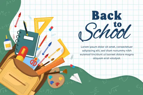 Okulun tanıtım afişine geri dönelim. Yeşil karatahta ve grafik kağıdı arka planı. Okul malzemeleriyle dolu renkli bir sırt çantası. Üzerinde harfler olan internet reklam afişi. Düz vektör illüstrasyonu