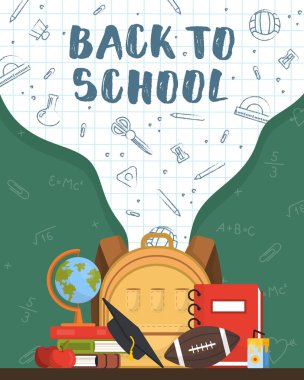Okulun tanıtım afişine geri dönelim. Elle çizilmiş karalama elemanları olan yeşil karatahta ve grafik kağıdı arka planı. Okul malzemeleriyle dolu bir sırt çantası. Web reklam afişi. Vektör illüstrasyonu.