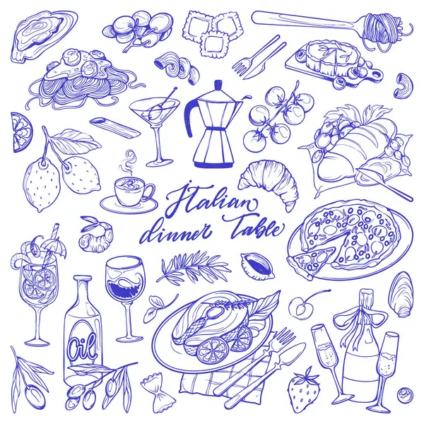 El yapımı İtalyan mutfak koleksiyonu. Akdeniz yemekleri ve mürekkep karalama elementleri. Moda tarzında yemek masası yemeği. Deniz ürünleri, makarna, sebze ve şarap. Vektör illüstrasyonu