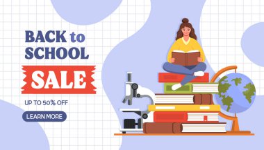 Okuldaki indirimli reklam panolarına. Genç kız öğrenci kitap yığınının üzerinde oturuyor ve okuyor. Grafik kağıdında mikroskop ve dünya küresi. Eğitim indirimi internet afişi sunar. Vektör illüstrasyonu