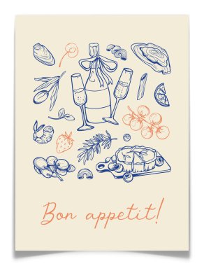 Akdeniz mutfağı olan klasik bir poster. Kalemle çizilmiş şampanya, istiridye, domates ve turta ile İtalyan retro pankartı. Zarif mavi mürekkep kalem çizimi. Mutfak, restoran dekorasyonu. Vektör illüstrasyonu