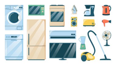 Çamaşır makinesi, bulaşık makinesi, mikrodalga fırın, buzdolabı, televizyon, saç kremi, vakum, su ısıtıcısı, ütü, hoparlör, fan ve blender gibi elektronik aletler. Vektör illüstrasyonu.
