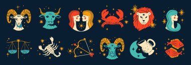 El çizimi stili burç simgeleri koleksiyonu, takımyıldızları ve parlayan yıldızları var. Çizgi film çizim tarzında dizilmiş astrolojik semboller. Yıldız falı karakterler konsepti. Düz vektör illüstrasyonu.