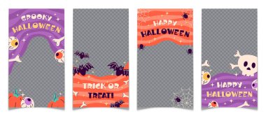 Cadılar Bayramı hikayeleri koleksiyonu. El çizimleri, gözler, kemikler, balkabağı, yarasa, örümcek ağı ve kafatası olan boş çerçeveler. Dikey tatil sosyal medya paylaşımı. Düz vektör illüstrasyonu.