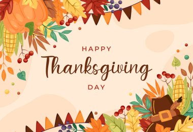 Mutlu Şükran Günü yatay afiş tasarımı. Renkli yapraklar, böğürtlen dalları, mısır, şapka, kiraz ve balkabağı ile sonbahar tatili geçmişi. El yazısıyla sonbahar tipografisi. Düz vektör illüstrasyonu.