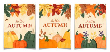 Renkli yapraklı, sonbahar tebrik kartı koleksiyonu. El çizimi turuncu balkabağı, yeşil kabak, sarı kabak, meşe, akçaağaç, kestane yaprağı. Düz vektör illüstrasyonu.