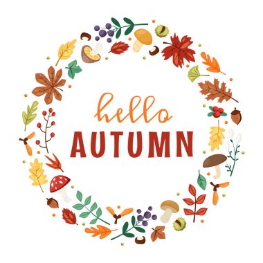 Renkli sonbahar çelengi, güz yaprakları, orman mantarları, böğürtlen dalları, meşe palamutları, kestaneler. El yapımı meşe ve akçaağaç yaprağı. Yazılı mevsimlik tebrik kartı tasarımı. Düz vektör illüstrasyonu.