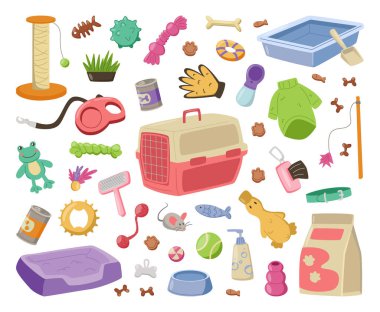 Kediler ve köpekler için çeşitli aksesuarlar koleksiyonu. Taşıyıcı, tepsi, oyuncaklar, yiyecek, tasma, yatak, çöp kutusu, tımar aletleri ve ikramlar da dahil olmak üzere el yapımı evcil hayvan malzemeleri. İzole vektör illüstrasyonu.
