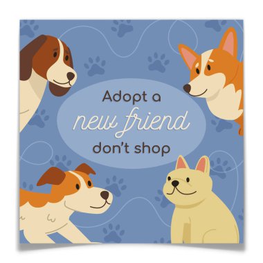 Sevimli el yapımı köpekli evcil hayvan afişi. Farklı cins köpek yavruları olan bir hayvan barınağı tanıtım broşürü. Hayvan evlat edinme ilanı. Evlat edinme, alışveriş yapma. Düz izole vektör illüstrasyonu.