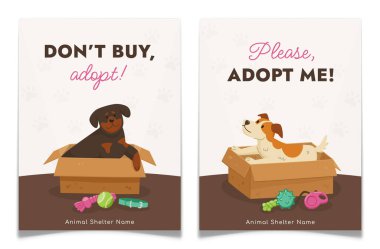 Karton kutularda el çizimi sevimli köpekler olan bir poster seti. Hayvan barınağı tanıtım broşürleri, köpek yavruları ve oyuncaklar. Hayvan evlat edinme reklam afişleri. Düz izole vektör illüstrasyonu