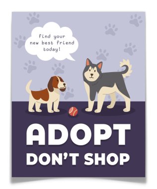 Sevimli el yapımı köpekli evcil hayvan posteri. Hayvan barınağı tanıtım broşüründe yavru köpekler ve oyuncak top var. Hayvan evlat edinme reklam afişleri. Evlat edinme, alışveriş yapma. Düz izole vektör illüstrasyonu.