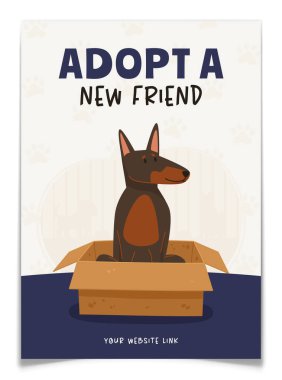 Sevimli el çizimi köpeği olan yeni arkadaş posterini kabul et. Karton kutuda doberman olan bir hayvan barınağı tanıtım broşürü. Evcil hayvan evlat edinme reklam afişi. Evlat edinme, alışveriş yapma. Düz vektör illüstrasyonu.