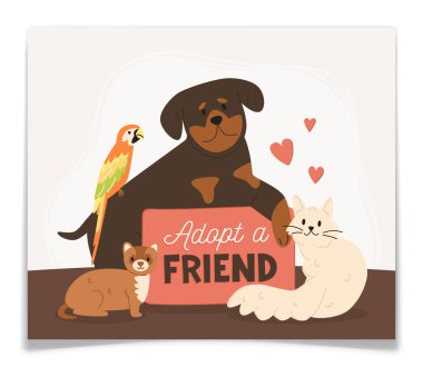 Evcil köpeği, kedisi, gelinciği, papağanı ve pembe tabelası olan bir arkadaş posteri al. Hayvan barınağı tanıtım broşürleri ve karalama hayvanları. Evlat edinme reklam afişi. Düz izole vektör illüstrasyonu.