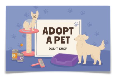 Evcil hayvan evlat edinme promosyonu posteri, tırmalama direğinde kedi, tabelanın yanında köpek resmi. Çizgi film hayvan maması, fırça ve yatak. Mavi arka plan ve pençe izleri. Barınaktan evlat edinmek, dükkan konsepti değil. Vektör illüstrasyonu