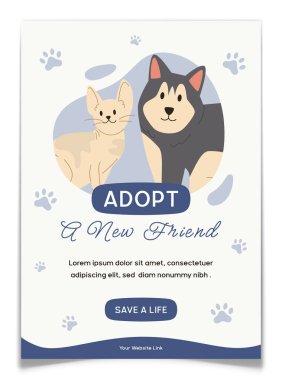Yeni bir arkadaş tanıtım afişi al. Güzel el çizimi kedi ve köpek olsun. Çizgi filmdeki evcil hayvanlar. Evcil hayvan evlat edinme afişi. Pençeli mavi arka plan. Barınaktan evlat edinmek, dükkan konsepti değil. Vektör illüstrasyonu.