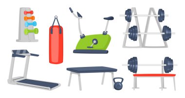 Jimnastik aletleri koleksiyonu. Spor eğitim makineleri, dambıllar, halter, ağırlık plakaları, kum torbası, koşu bandı, egzersiz bisikleti, spor zili ve spor antrenmanı için bank. Vektör illüstrasyonu