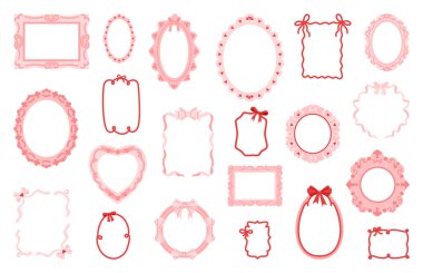 Karalamalı pembe karelerin koleksiyonu. Tuhaf yaylar, kurdeleler, kalpler ve dalgalı çizgilerle donatılmış minimalist klasik sınır. Şirin karalamalar, kıvrımlı dikdörtgen ve oval şablonlar. Vektör illüstrasyonu