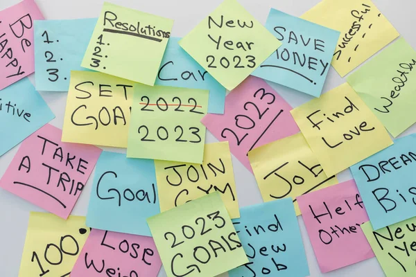 Ano Novo 2023 Metas Resoluções Escritas Notas Adesivas Coloridas — Fotografia de Stock