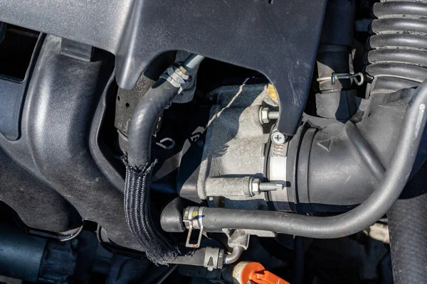 stock image Throttle body installed of car in the engine bay