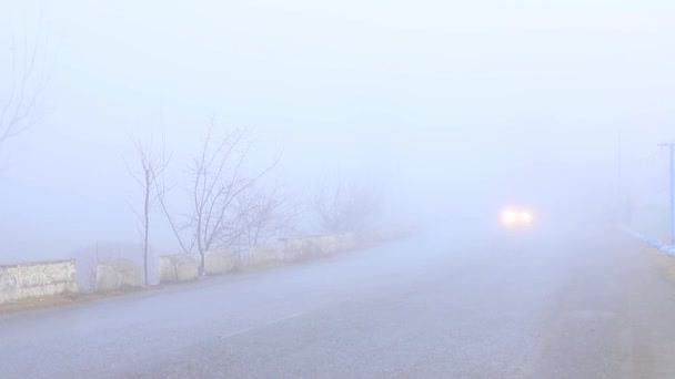 Транспортний Засіб Виходить Густого Туману Вимикачем Фари — стокове відео