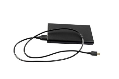 Black metallic power bank on white isolated background