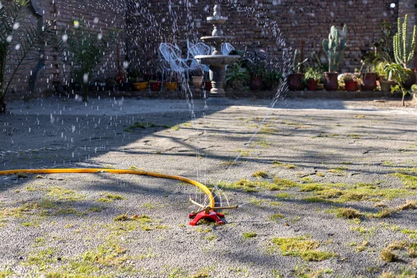 Watering Lawn 360 Degree Rotation Sprinkler Water System Selective Focus — Stock Photo, Image