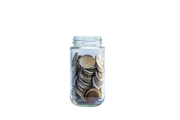 Монети Скляній Банці Ізольовані Білому Тлі Концепція Збереження Грошей — стокове фото