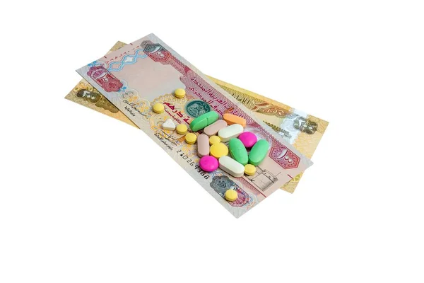 Nákup Léků Proti Bolesti Spojeným Arabským Emirátem Dirhamy Izolované Bílém — Stock fotografie
