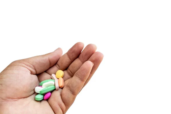 Mano Piena Diverse Pillole Sfondo Bianco Isolato Con Spazio Copia — Foto Stock