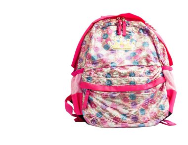 Beyaz izole edilmiş arka planda pembe okul çantası