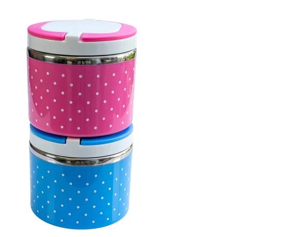 粉红色和蓝色午餐盒 白色背景 有复制空间 — 图库照片