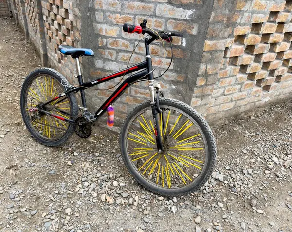 Two wheels pedal cycle parked at a bricks wall closeup.