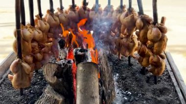 Kömür üzerine Balochi Tavuğu Sajji Barbekü. Alevler Üzerindeki Savory Zevkleri