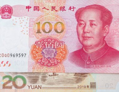 Chinese banknote of 100 and 20 yuan closeup; Pakistan - 07 July 2024. clipart