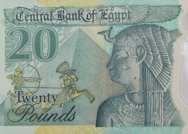 Piramit, savaş arabası, tanrıça Isis 'in heykeli. Mısır 'dan Portre 20 Pound Banknote Kapanış