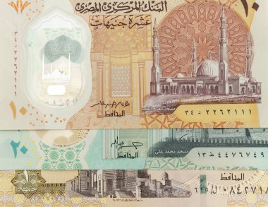 Mısır Yeni 20, 10 ve bir gölet banknotları yakın plan